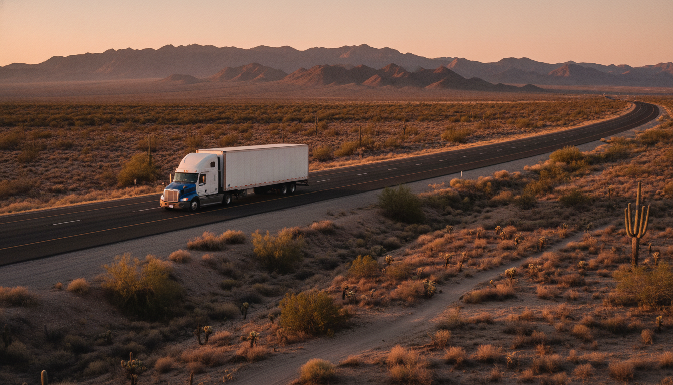 A long-haul moving truck traveling down an open Nevada highway at golden hour with mountains in the distance
