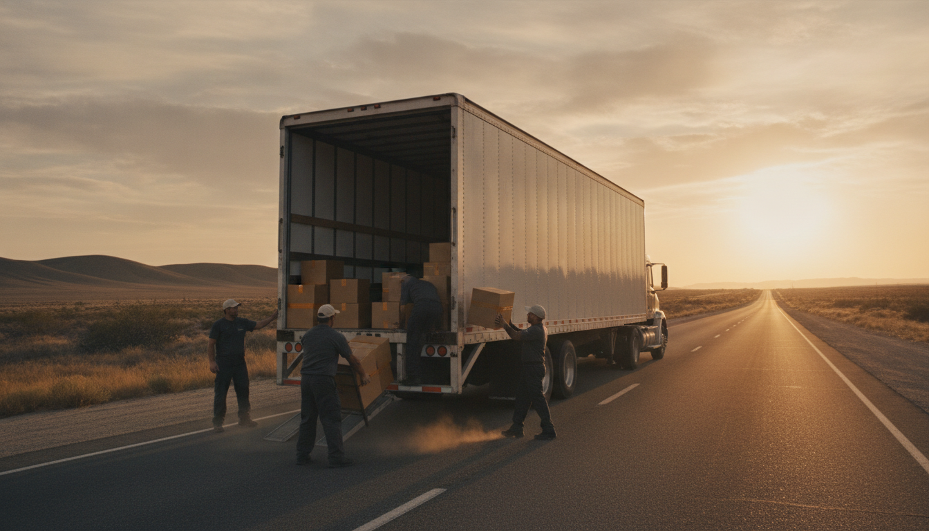 A long-haul moving truck on an open highway leaving Riverside, CA at golden hour