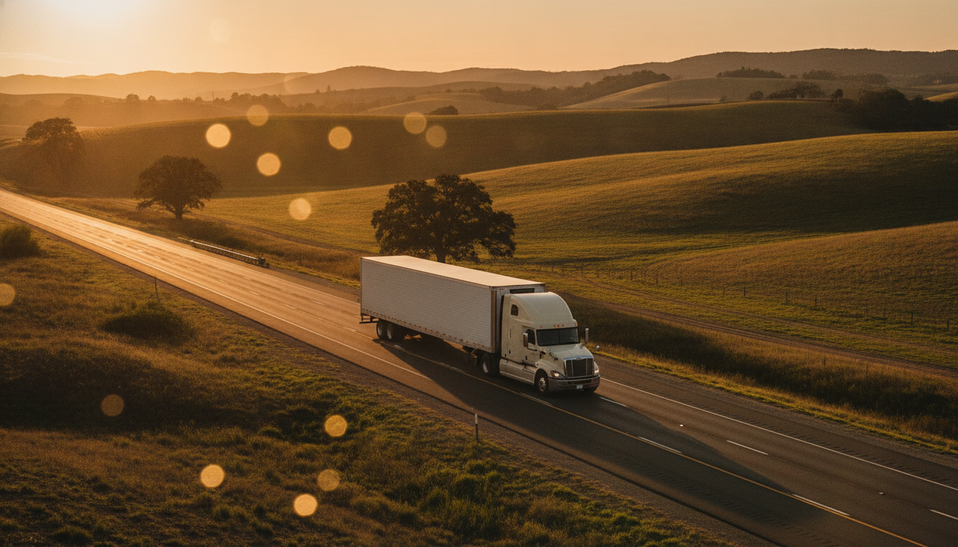 A long-haul moving truck traveling down an open highway at golden hour, shot in warm cream and amber tones