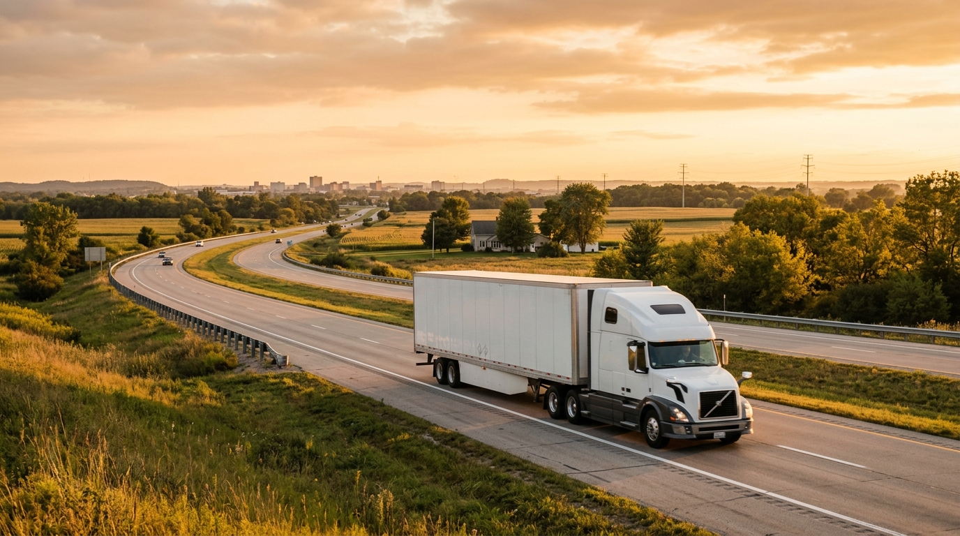 A long-haul moving truck driving down an open Midwestern highway at golden hour near Rockford, Illinois