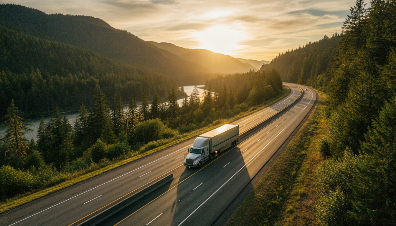 A long-haul moving truck traveling down an open highway through the Pacific Northwest at golden hour