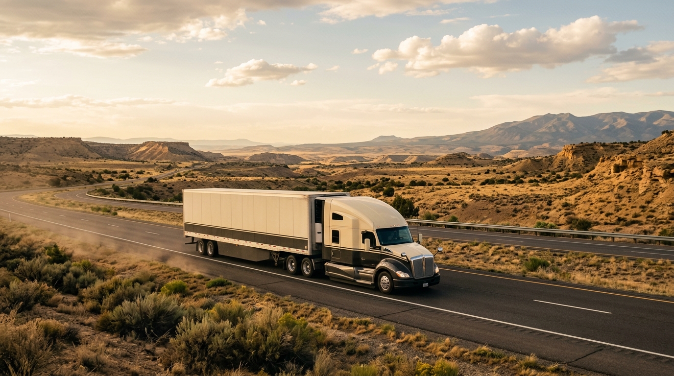 A long-haul moving truck driving along an open highway through the New Mexico high desert under a warm afternoon sky