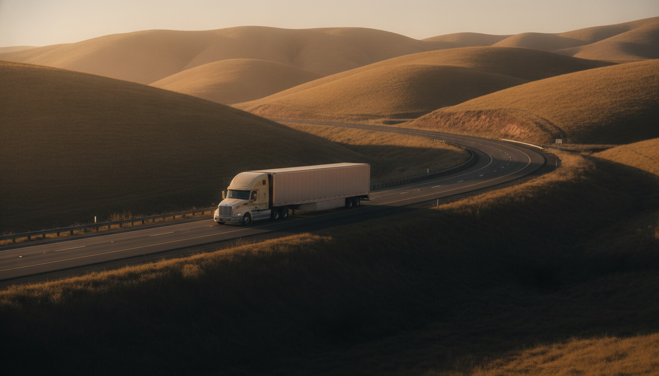 A long-haul moving truck driving down an open highway through golden California hills at sunrise