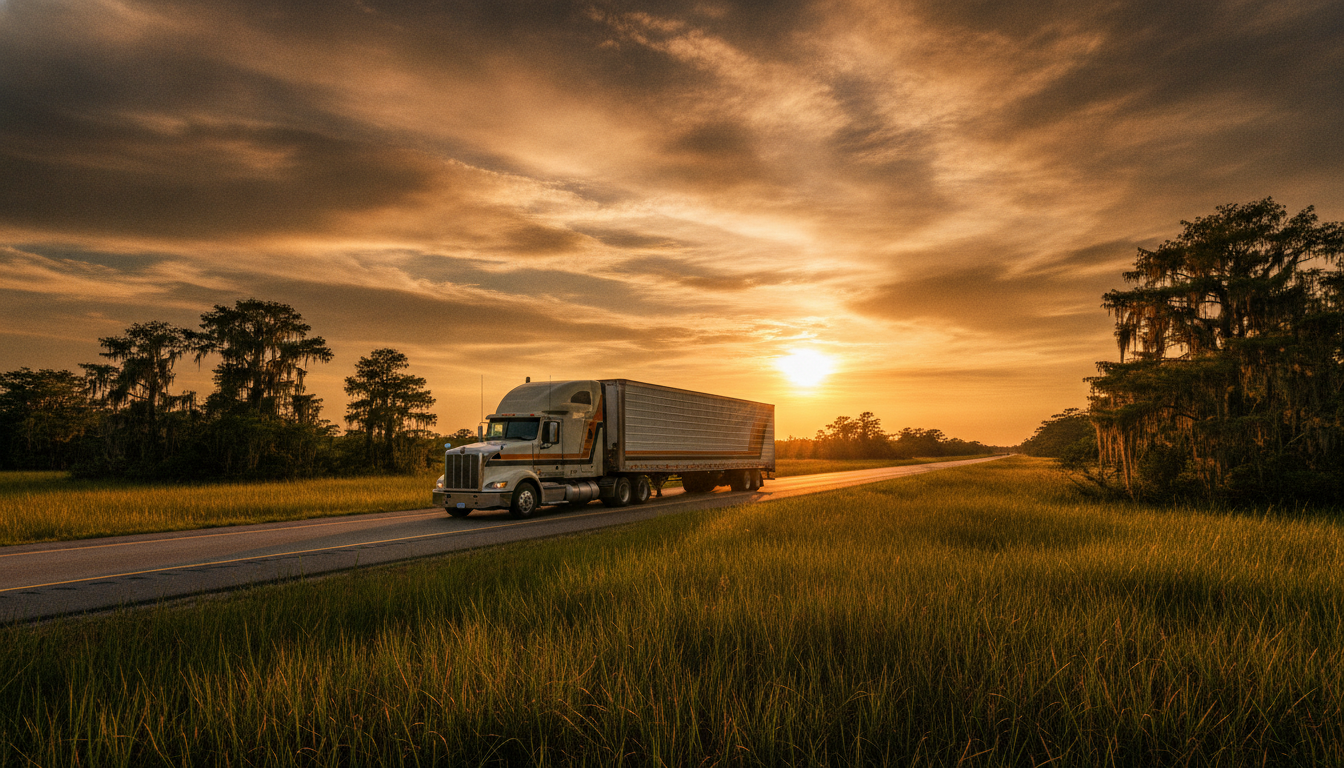 A long-haul moving truck traveling down an open highway through Savannah-area lowcountry marshland at golden hour