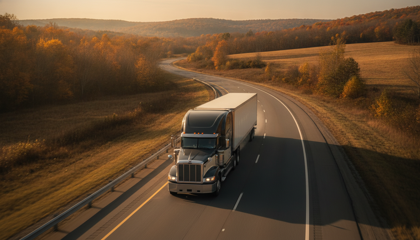 A long-haul moving truck driving along an open highway through northeastern countryside on a warm autumn day