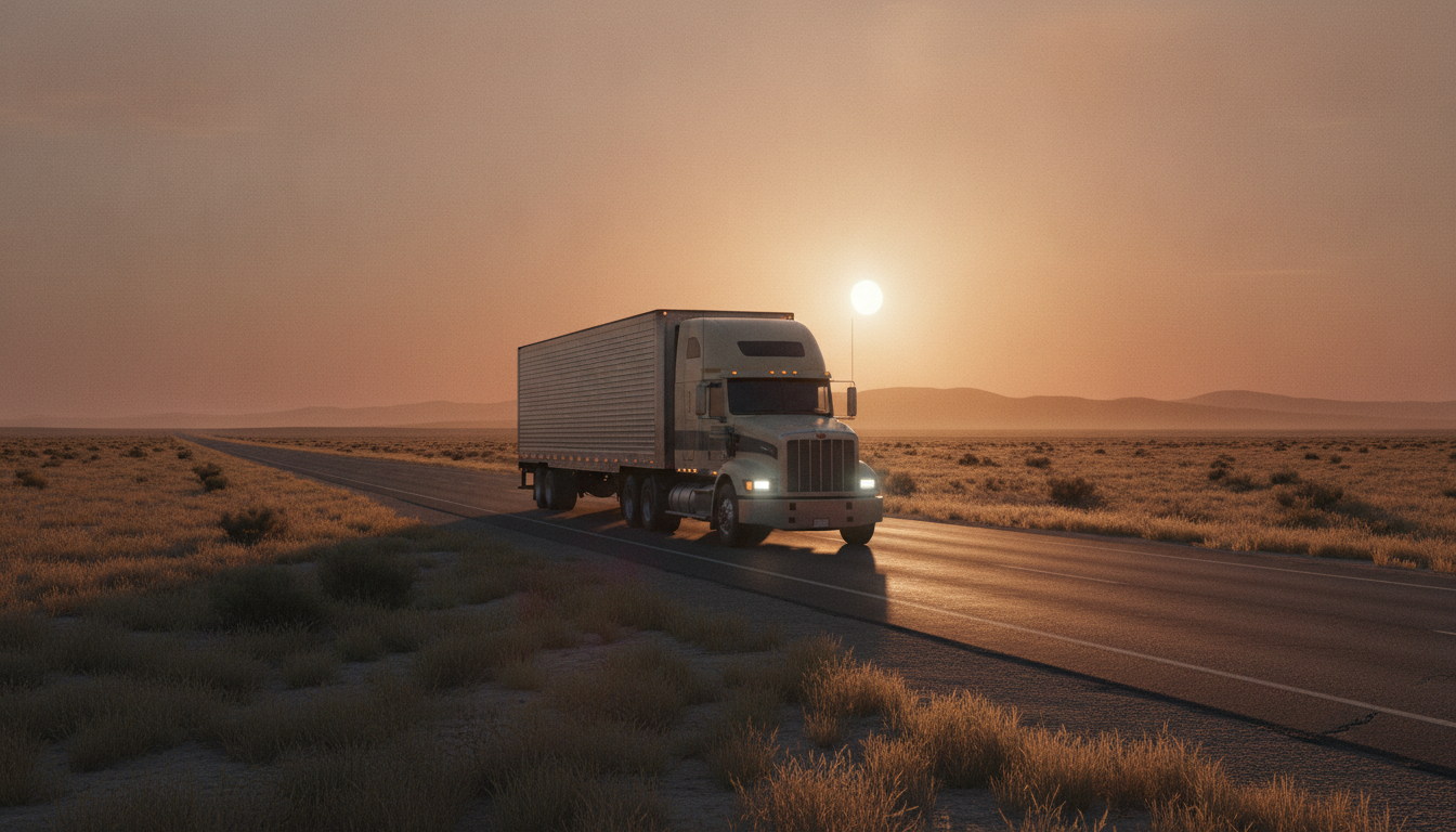 A long-haul moving truck traveling down an open highway out of Shreveport, Louisiana at golden hour