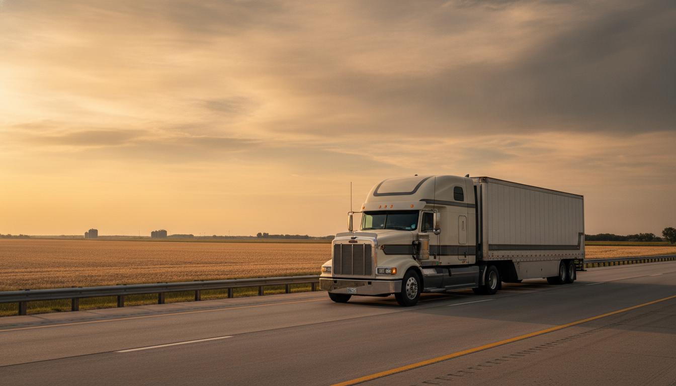 A long-haul moving truck on an open Midwestern highway at golden hour, farmland stretching into the distance