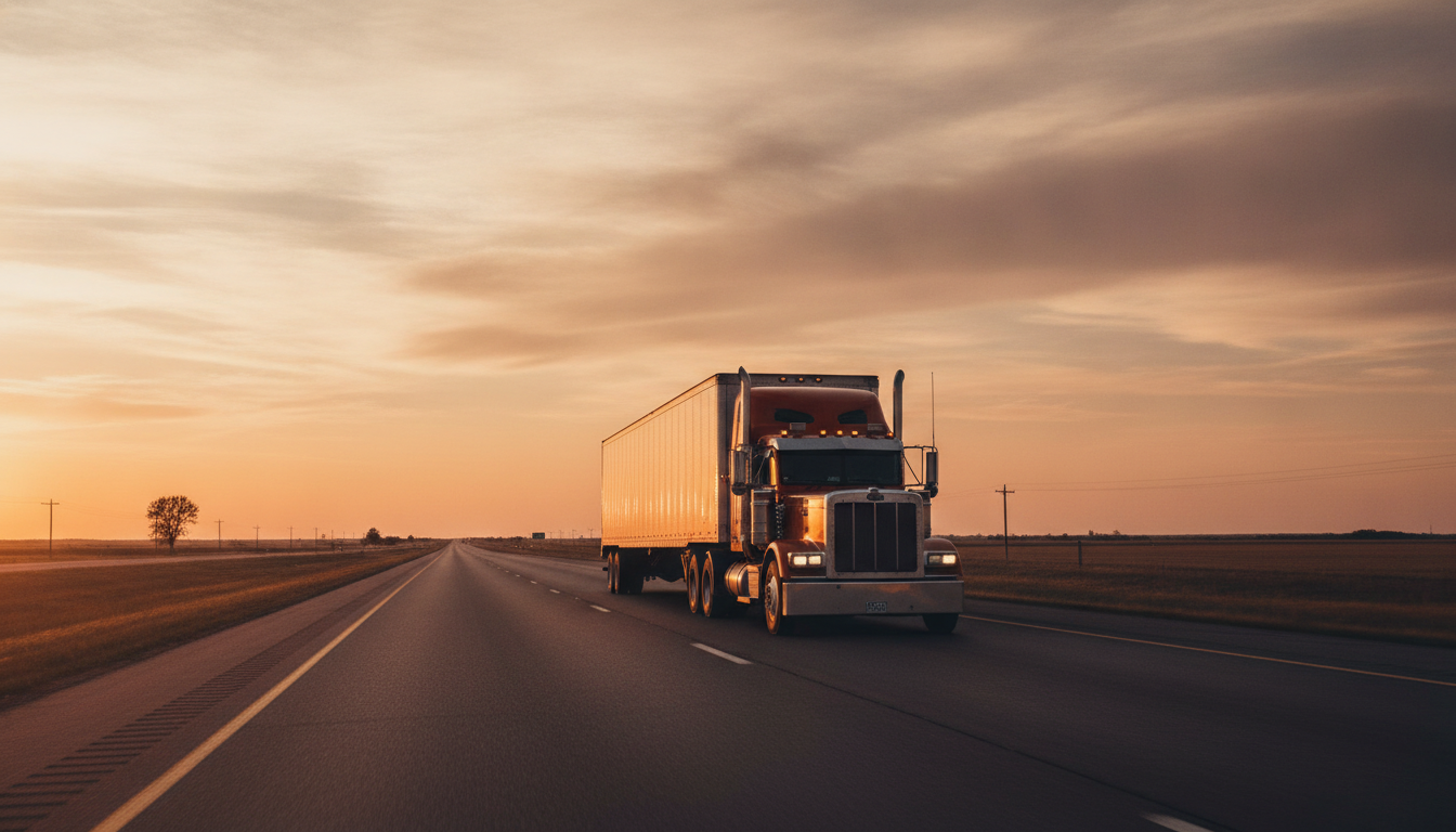 A long-haul moving truck traveling down an open highway out of Springfield, Illinois at golden hour