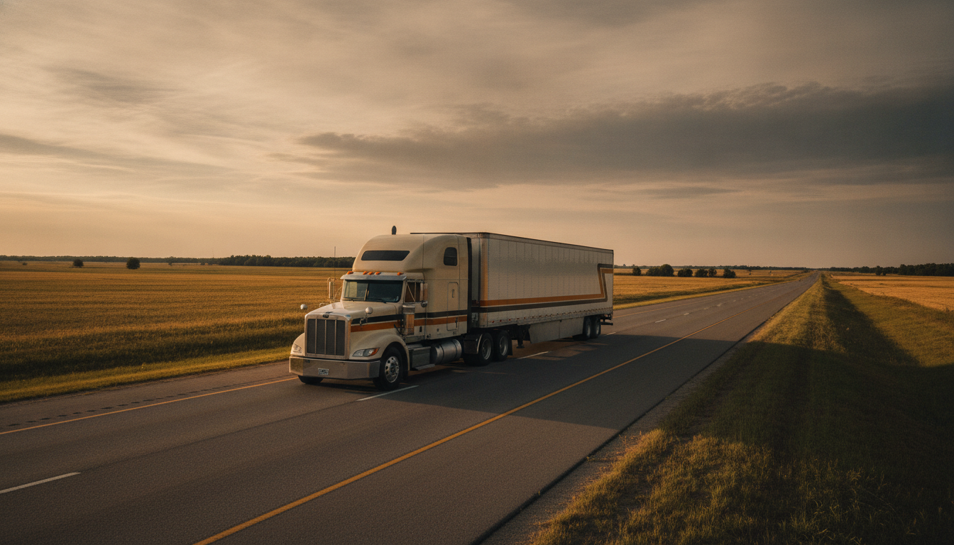A long-haul moving truck on an open highway leaving St. Louis at golden hour