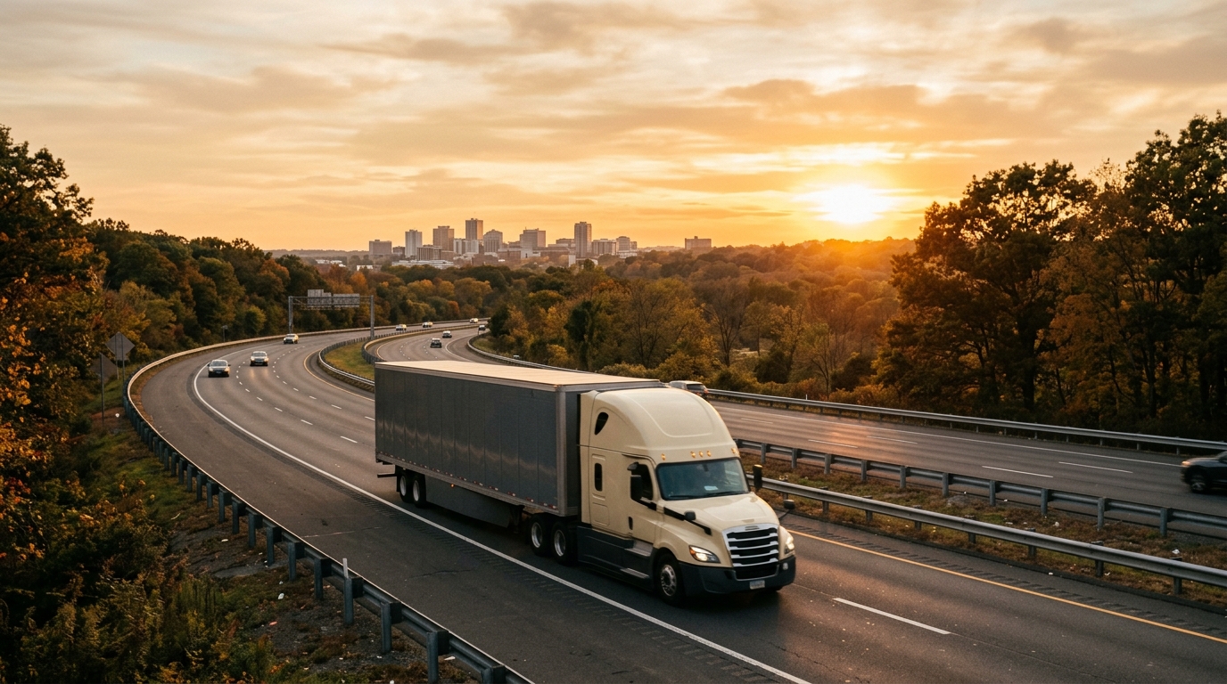 A long-haul moving truck travels down an open highway at golden hour, leaving Stamford CT for a long-distance move