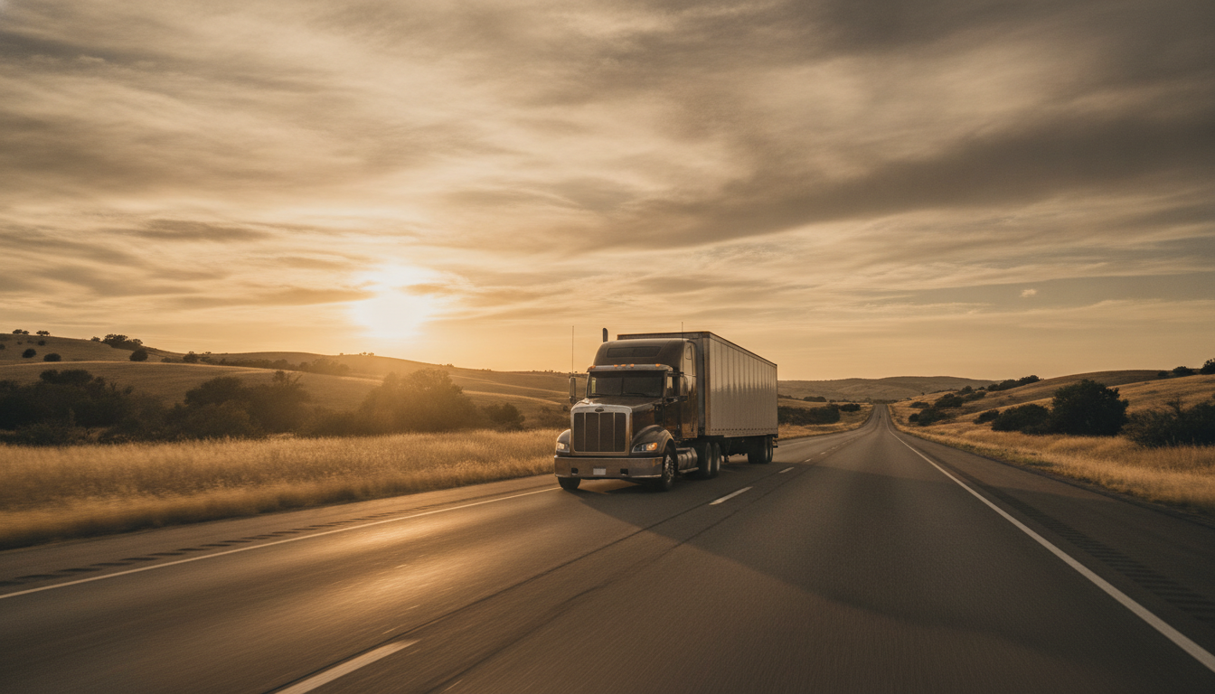 A long-haul moving truck driving down an open highway at golden hour, representing a long-distance move from Syracuse, NY