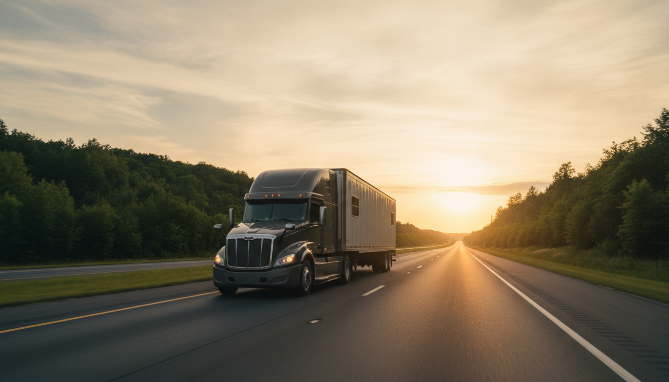 A long-haul moving truck traveling down an open highway at golden hour, representing a long-distance move out of Tampa, FL