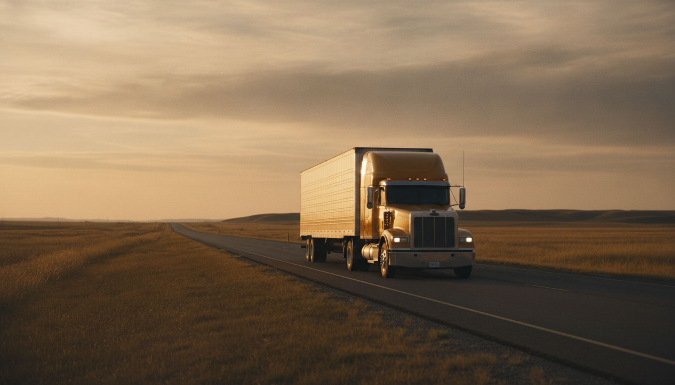 A long-haul moving truck traveling down an open highway out of Toledo, Ohio at golden hour