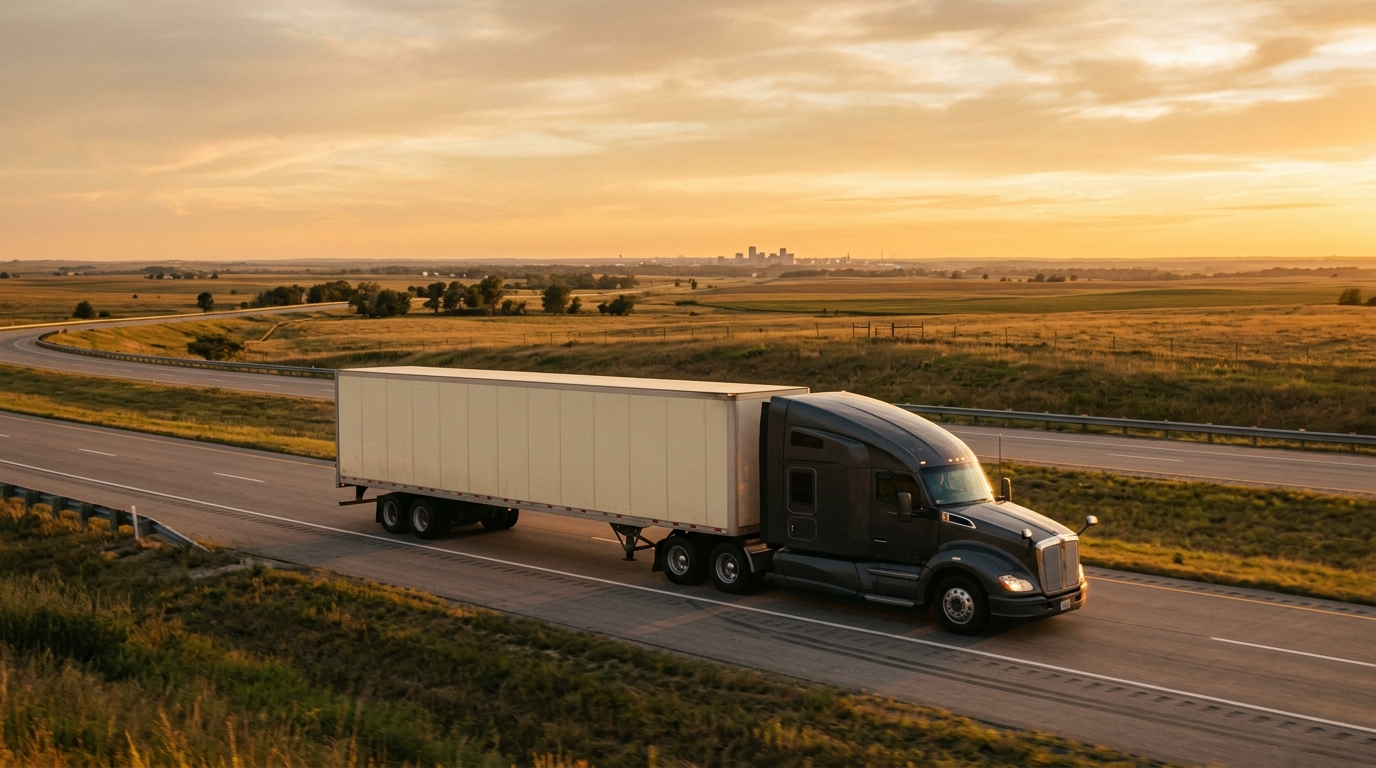 A long-haul moving truck traveling down an open highway out of Topeka, Kansas at golden hour