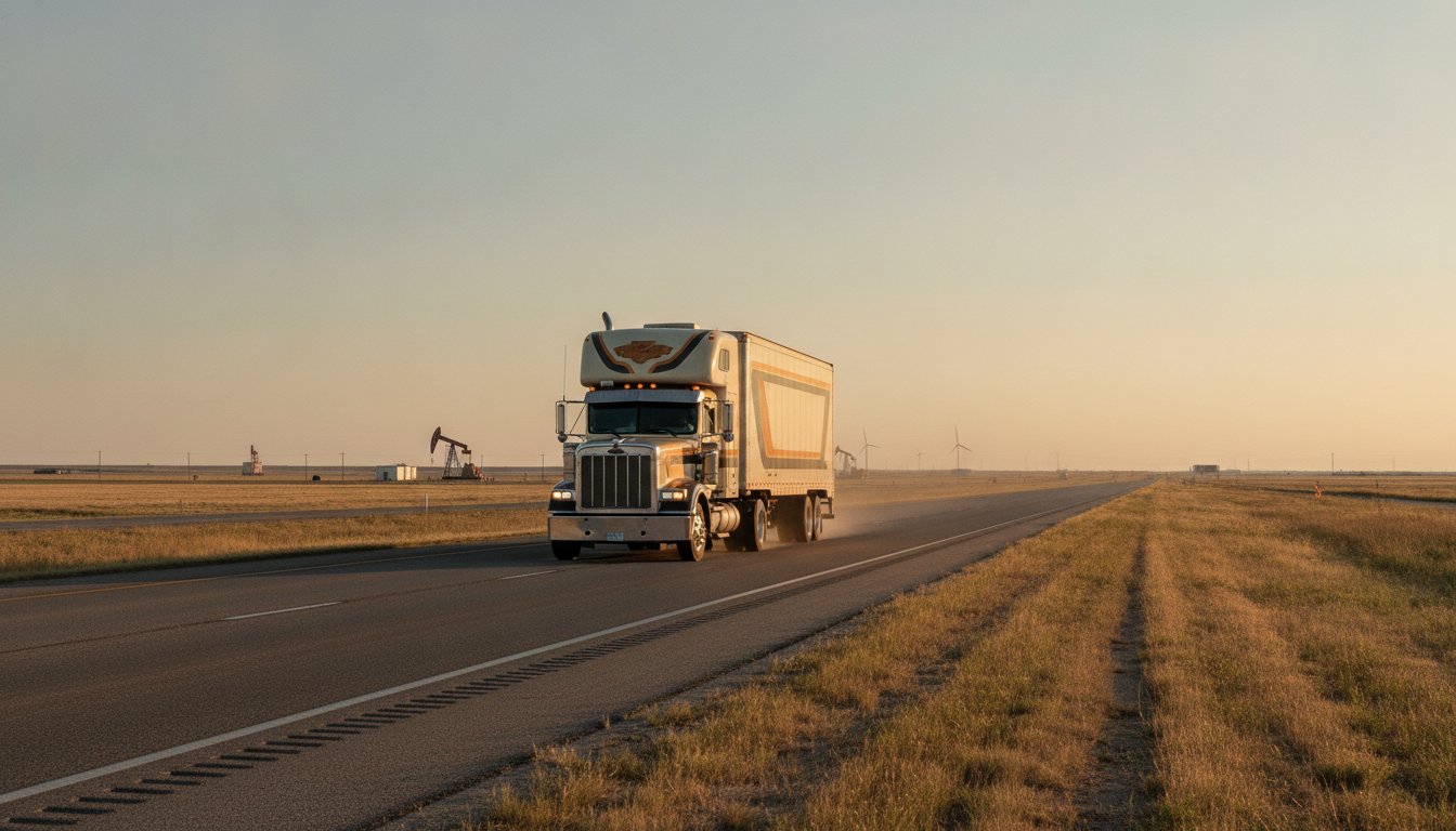 A long-haul moving truck traveling an open Oklahoma highway at golden hour