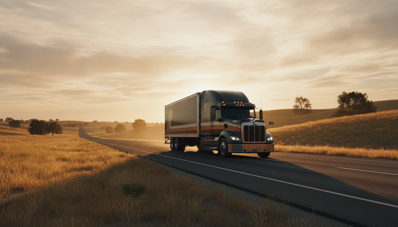 A long-haul moving truck driving down an open highway at golden hour, representing a long-distance move from Utica, NY