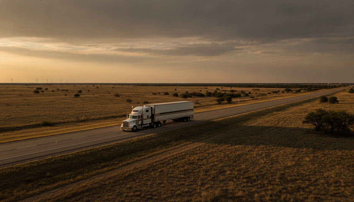 A long-haul moving truck driving down an open highway through Central Texas at golden hour