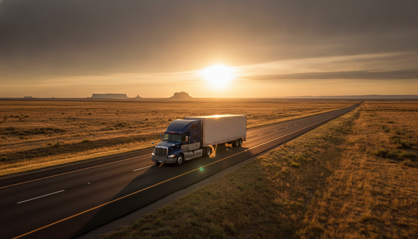A long-haul moving truck traveling down an open highway out of Wichita, Kansas at golden hour