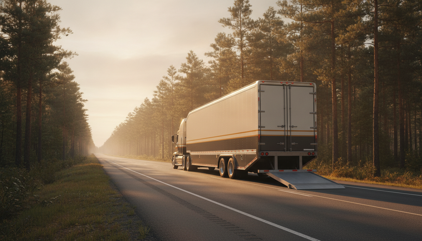 A long-haul moving truck traveling down an open highway at golden hour, surrounded by pine trees