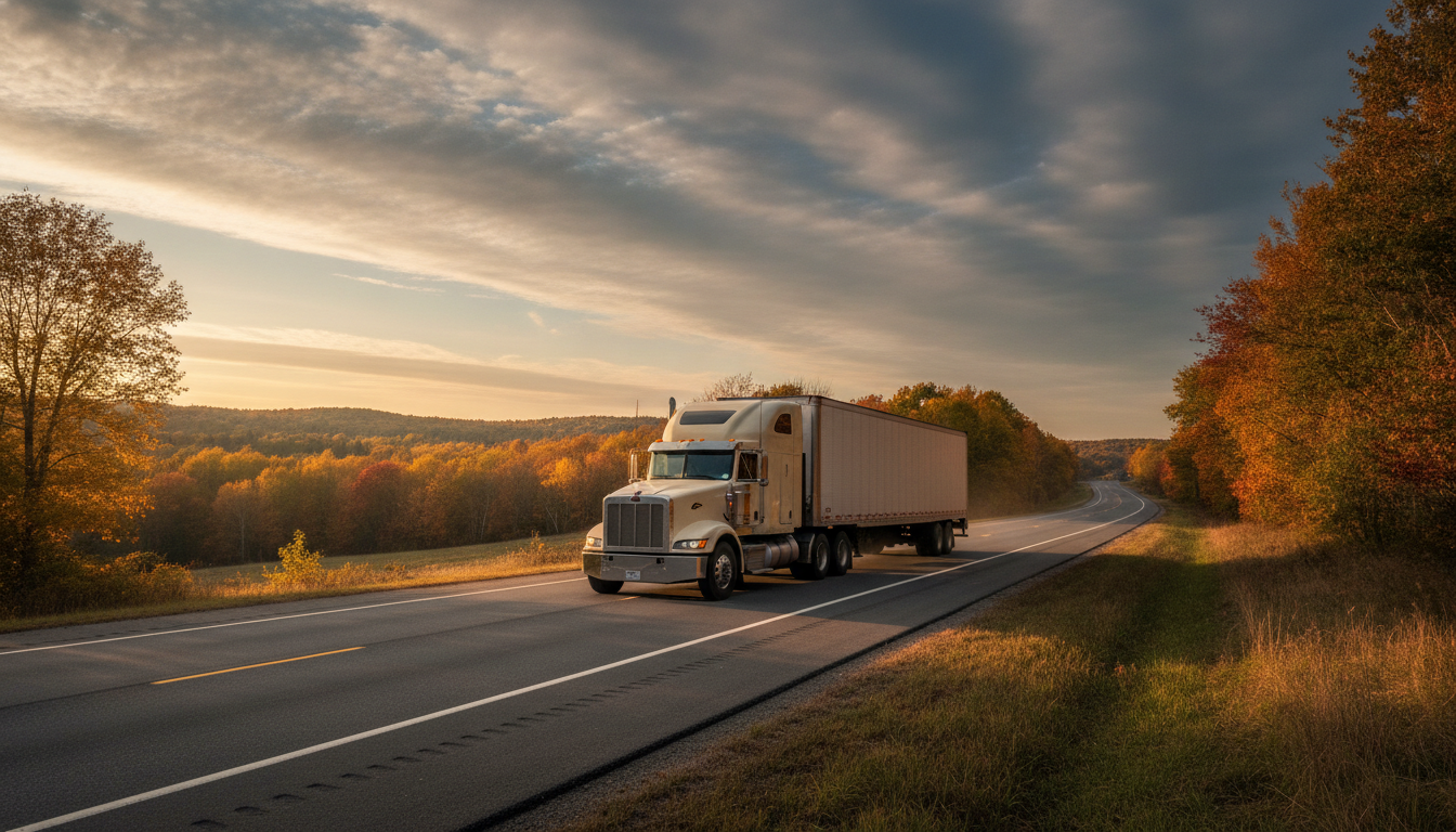 A long-haul moving truck traveling down an open highway out of Worcester, MA on a clear day
