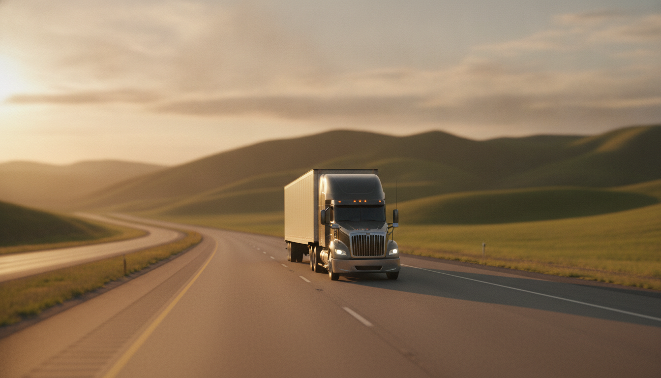 A long-haul moving truck driving down an open highway at golden hour, leaving a small city behind