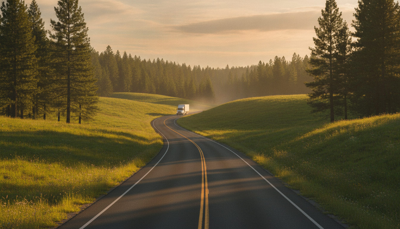 A moving truck driving down a sunlit highway through green rolling hills, evoking a long-distance move from Long Island, NY to Raleigh, NC