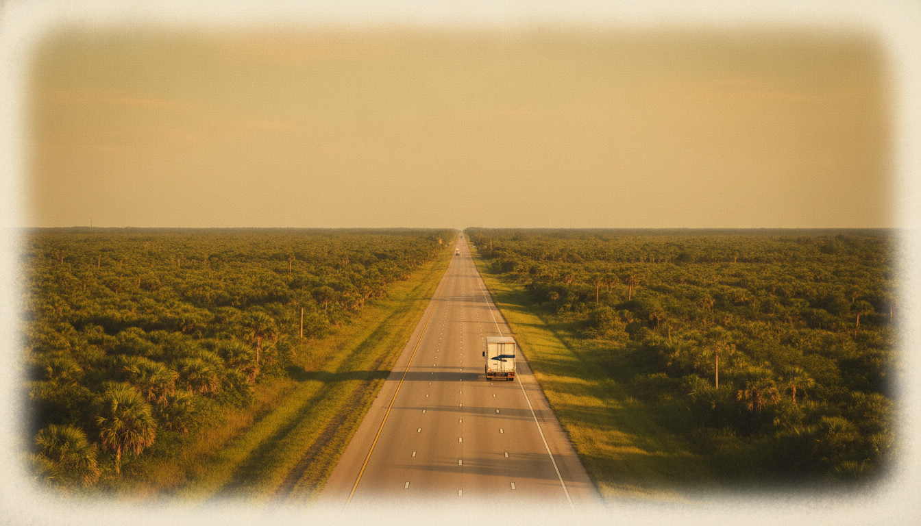 A moving truck heading south on a sun-drenched highway toward Tampa, Florida, under a warm amber sky