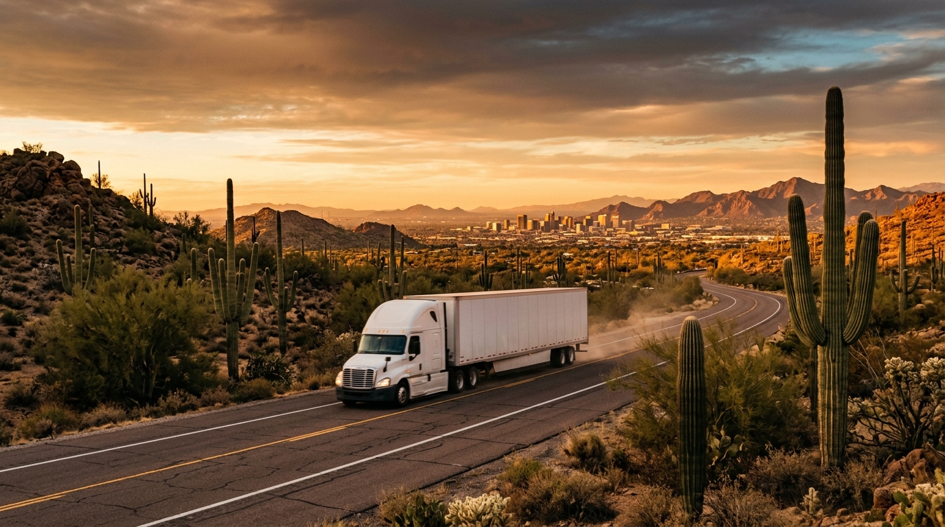 A moving truck traveling a desert highway toward Phoenix, Arizona at golden hour, framed by saguaro cacti and a wide amber sky