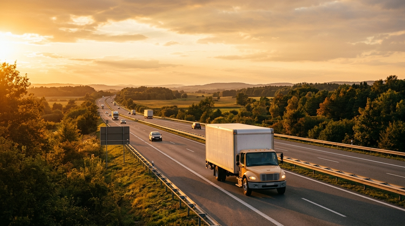 A moving truck driving north on an open interstate highway at golden hour, representing a relocation from Louisville, Kentucky to Indianapolis, Indiana