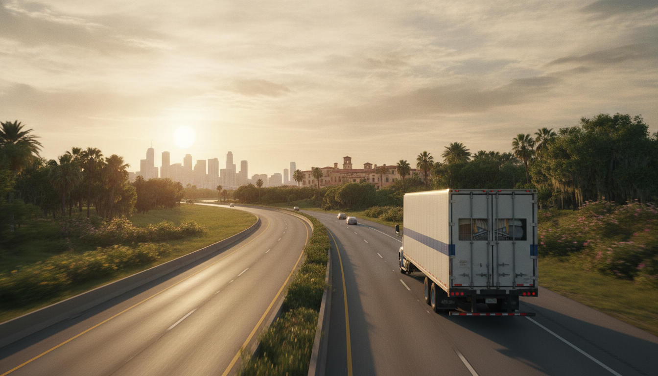 A moving truck driving south on an open highway at golden hour, transitioning from urban density to lush southern greenery