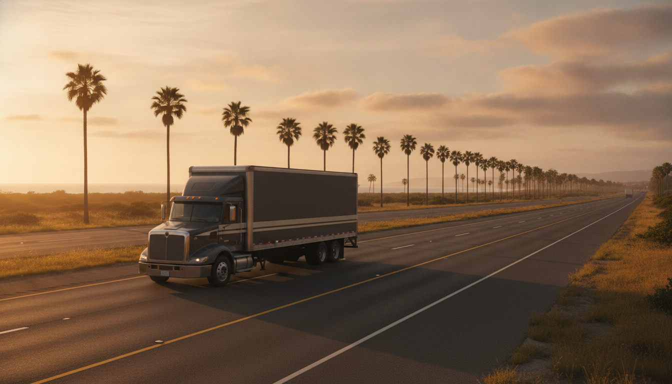 A moving truck driving south on an open highway toward palm trees at golden hour, evoking a New York to Miami relocation