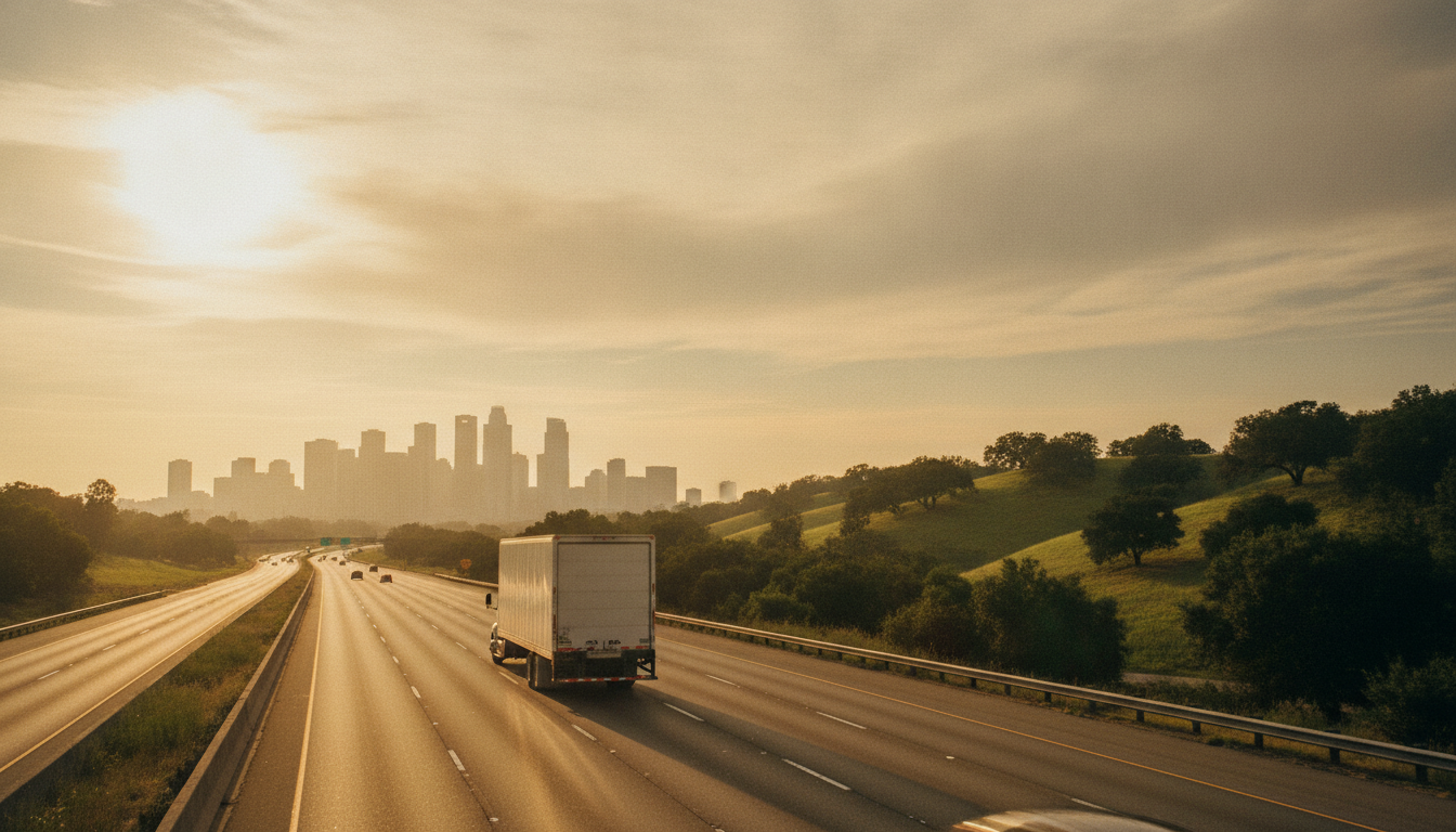 A moving truck traveling down an open highway at golden hour, leaving a city skyline behind and heading toward rolling green hills, symbolizing a relocation from New York to Nashville.