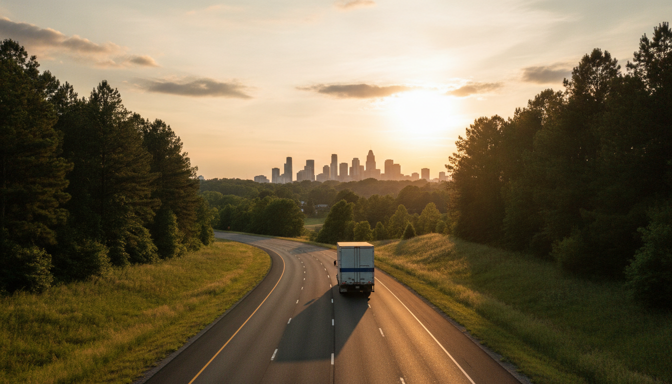 A moving truck driving down a sunlit highway through green rolling hills toward a distant city skyline at golden hour
