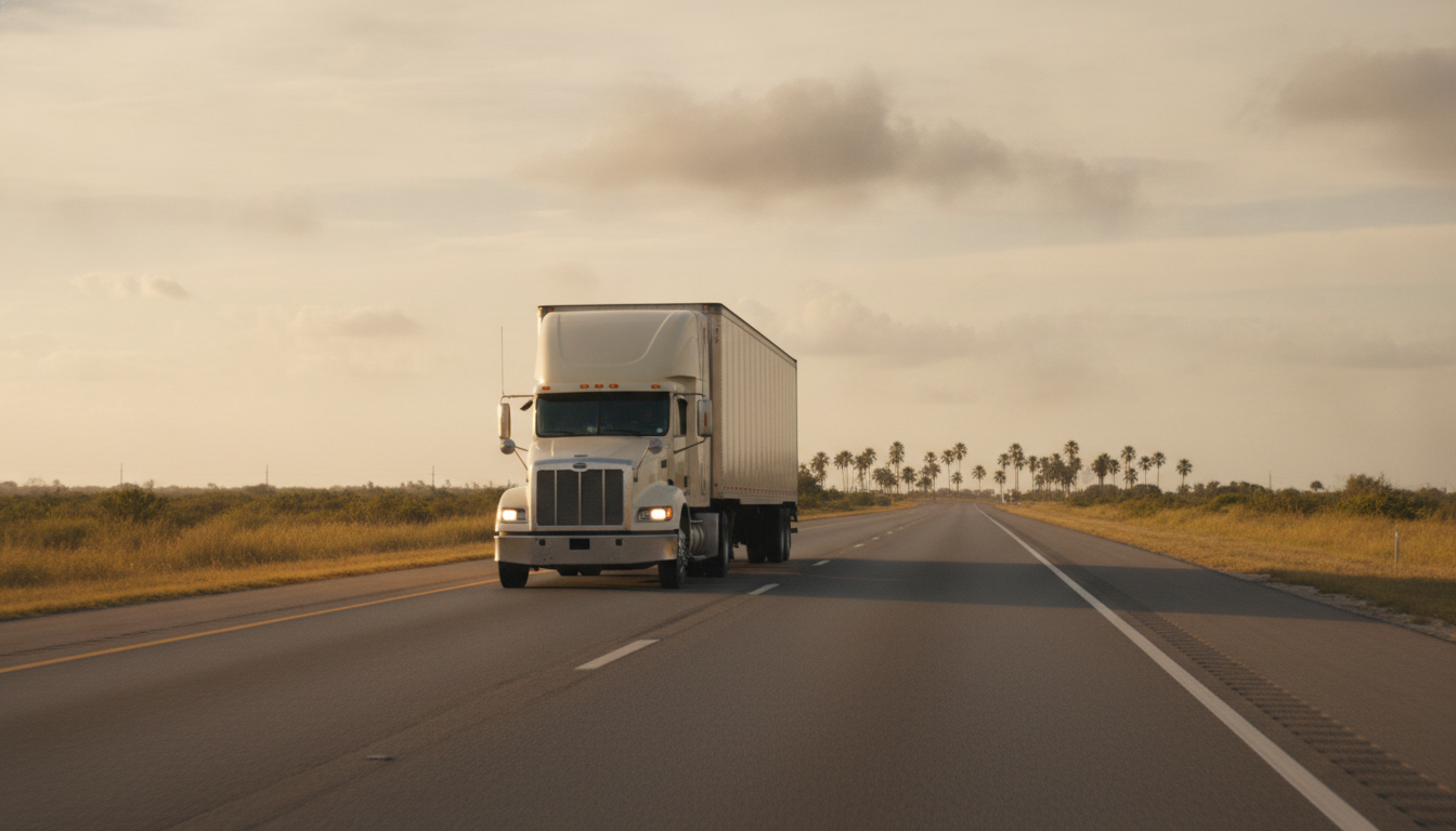 A moving truck driving south on an open highway at golden hour toward palm trees, evoking a New York to Tampa relocation