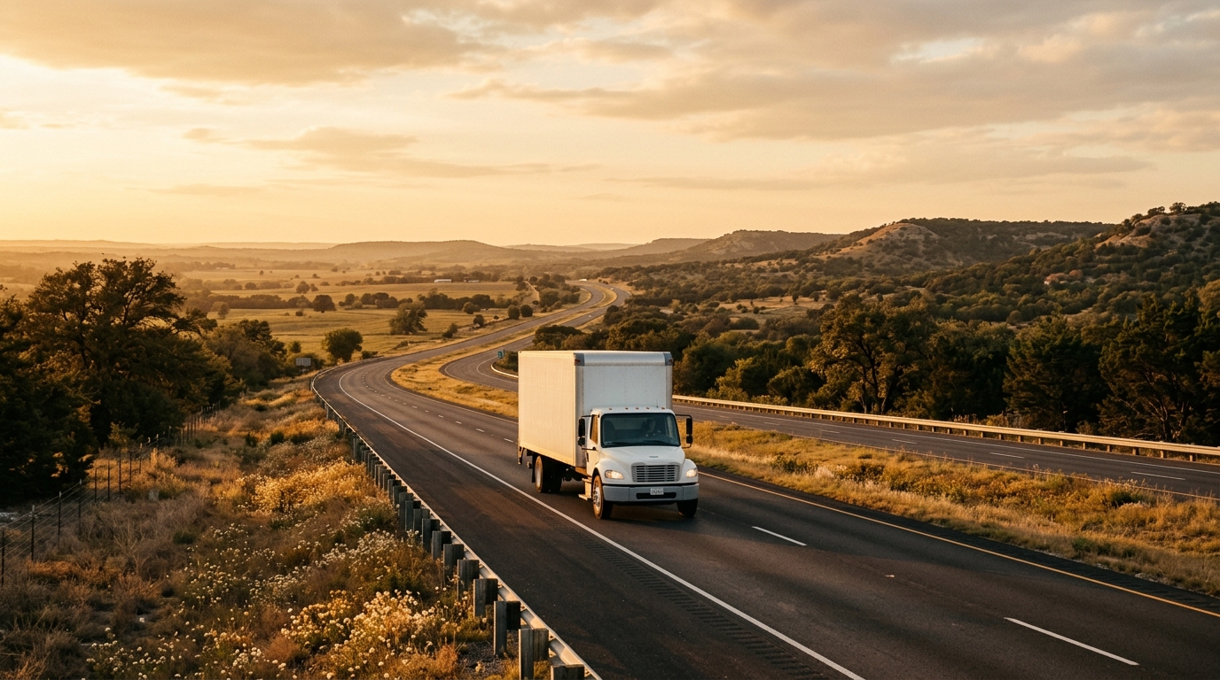 A moving truck travels south down a sun-drenched highway from Oklahoma plains toward the Texas Hill Country at golden hour