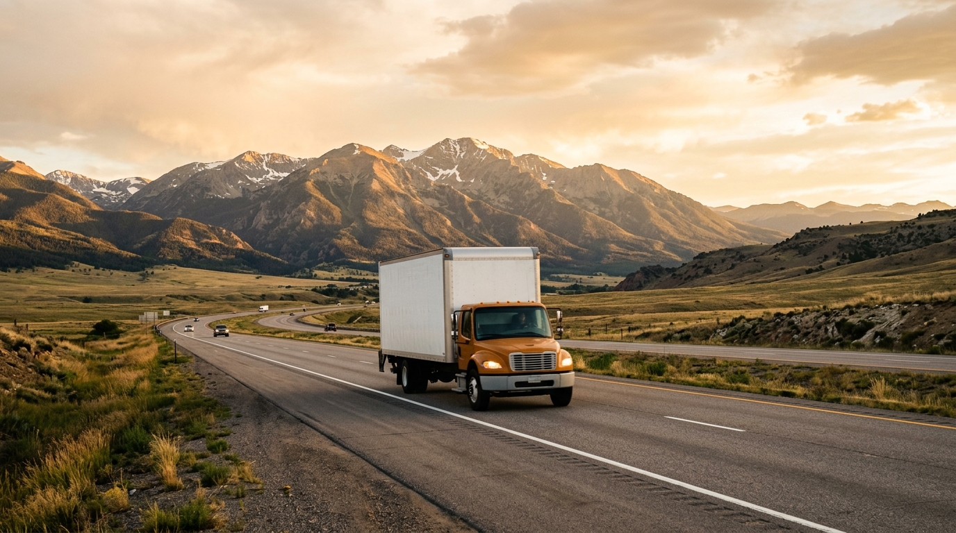 A moving truck driving toward the Rocky Mountains on a wide highway at golden hour, representing a move from Oklahoma City to Denver