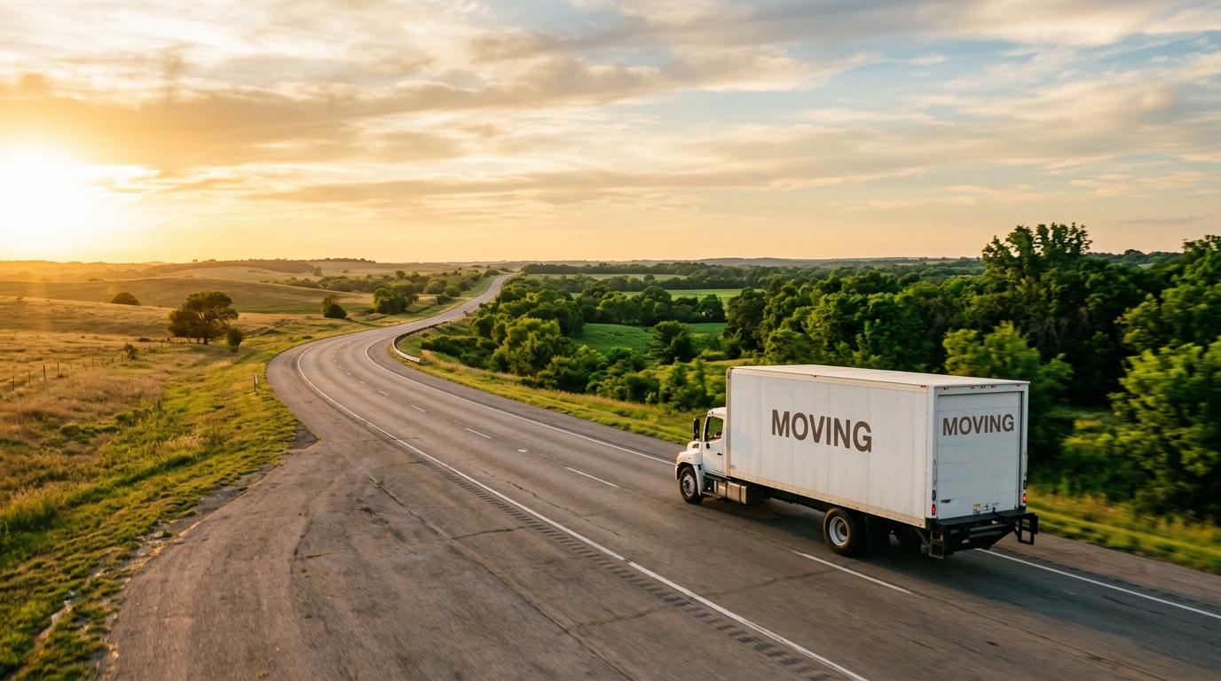 A moving truck driving south on a sun-drenched highway at golden hour, transitioning from open plains to green lowland scenery