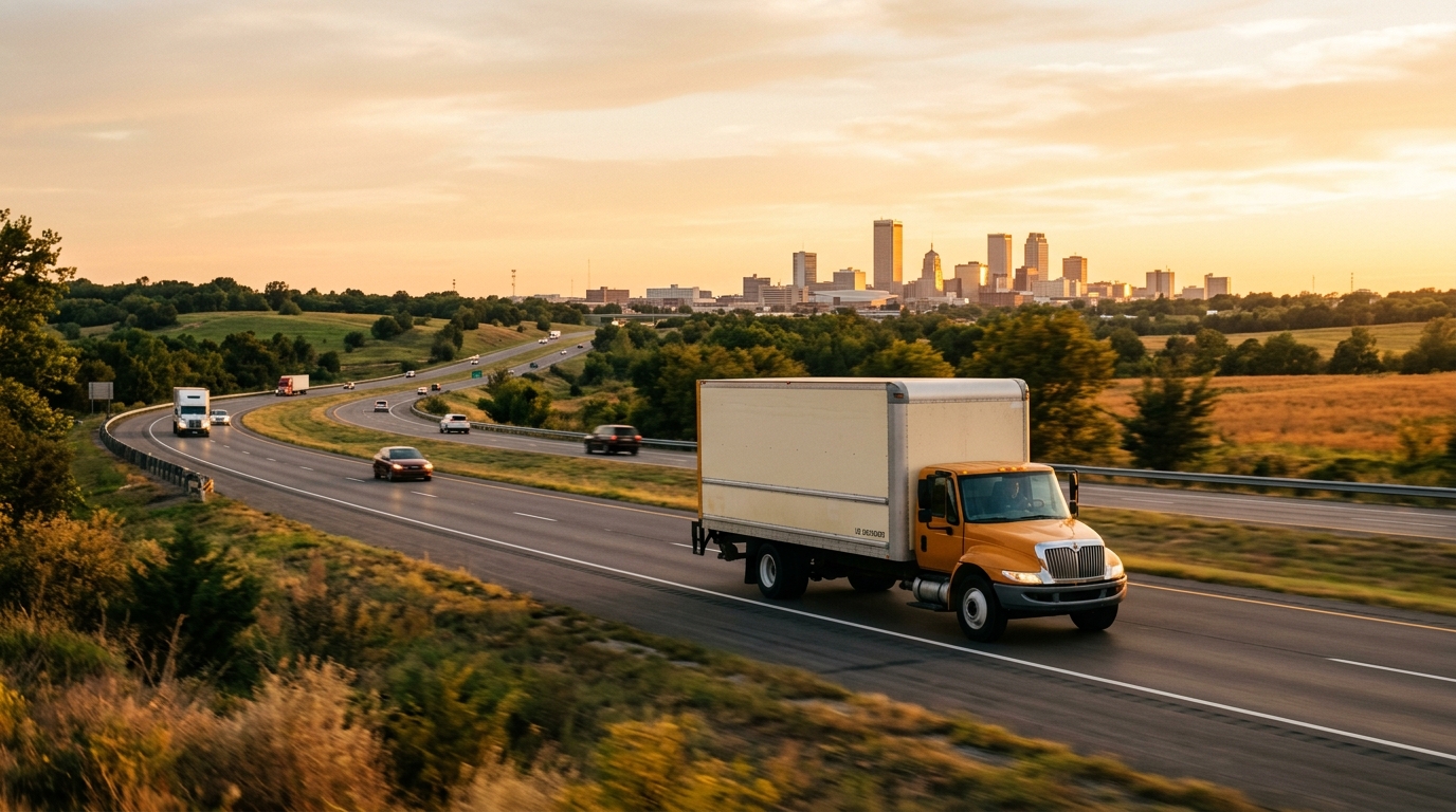 Moving truck on an Oklahoma highway at golden hour heading toward a city skyline