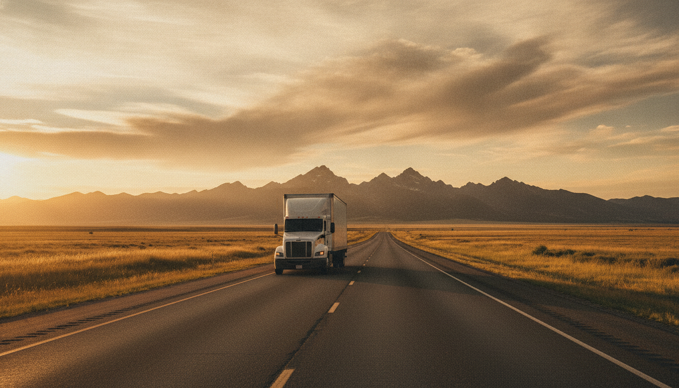 A moving truck driving west across open plains toward the Rocky Mountains at golden hour, symbolizing a relocation from Omaha, Nebraska to Denver, Colorado