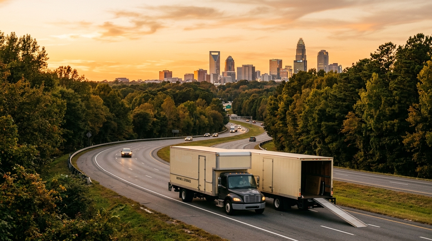 A moving truck traveling a tree-lined highway from a northeastern city toward a warm southern skyline at golden hour