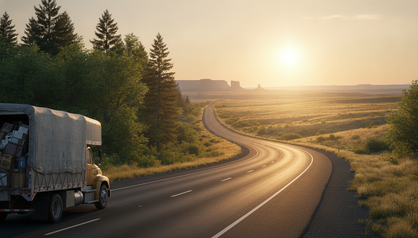 A moving truck on an open highway at golden hour, evoking the long journey from Portland, Oregon to Austin, Texas