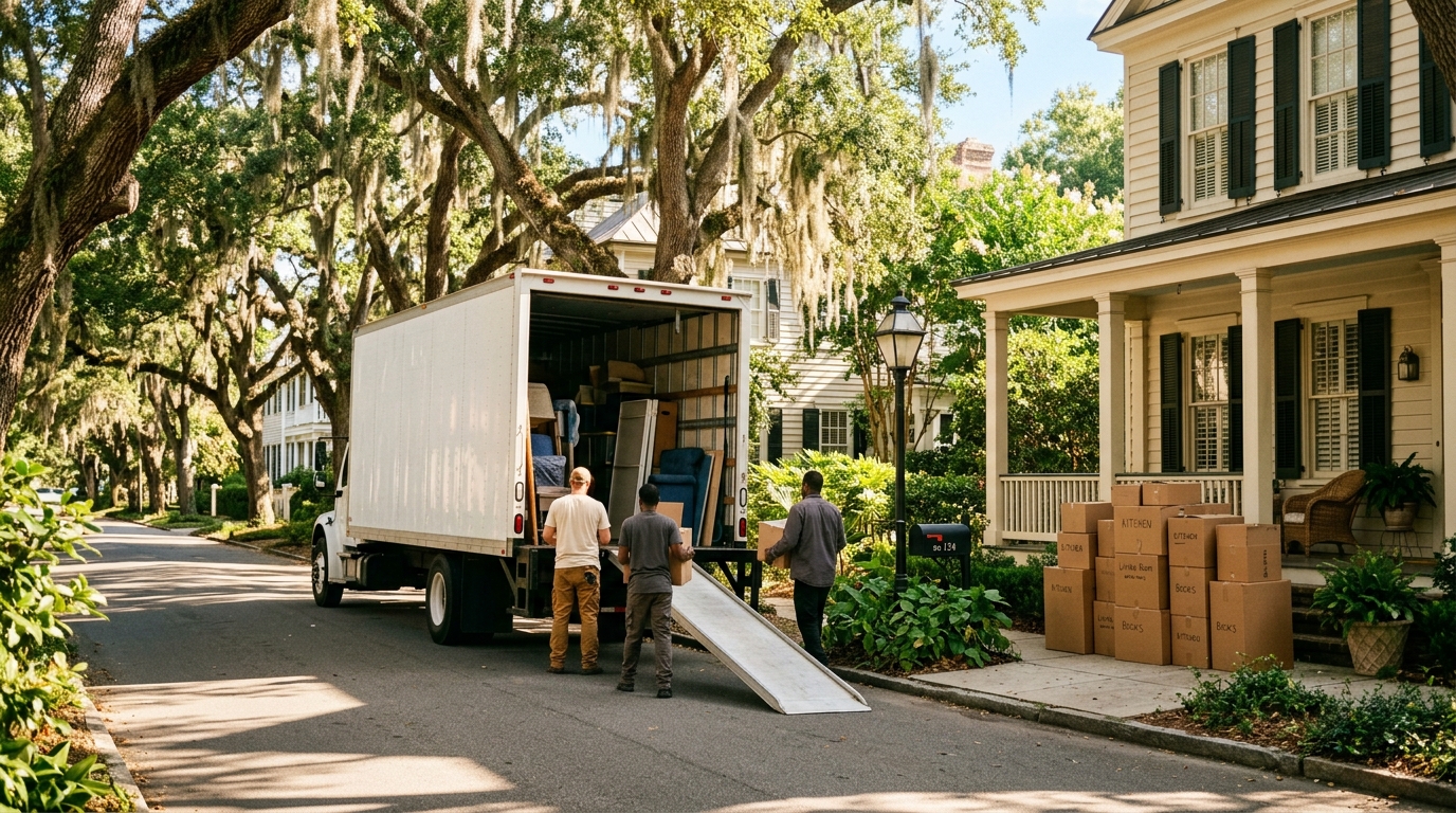 Moving boxes stacked on a sun-lit Southern residential porch with a moving truck parked nearby