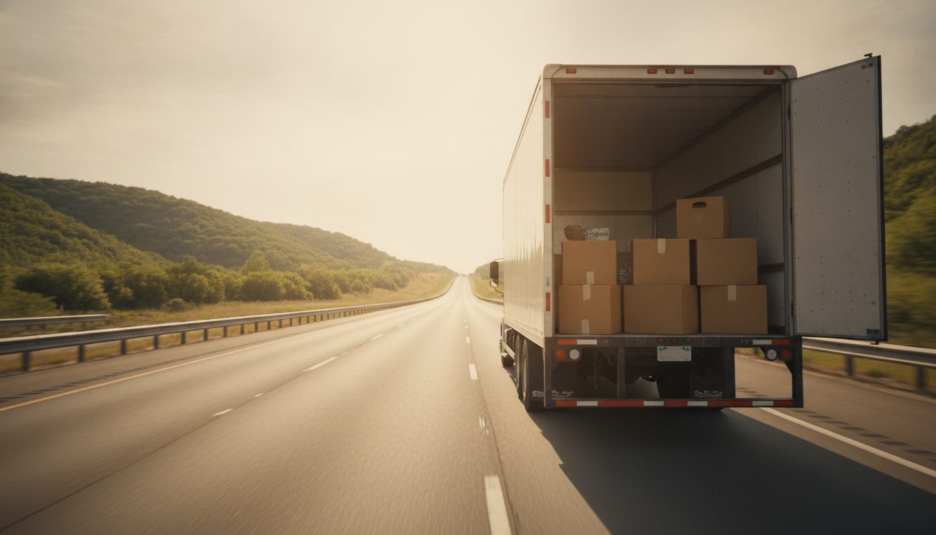 A moving truck on a sunny interstate highway, representing a long-distance move from Arizona to Jacksonville, Florida