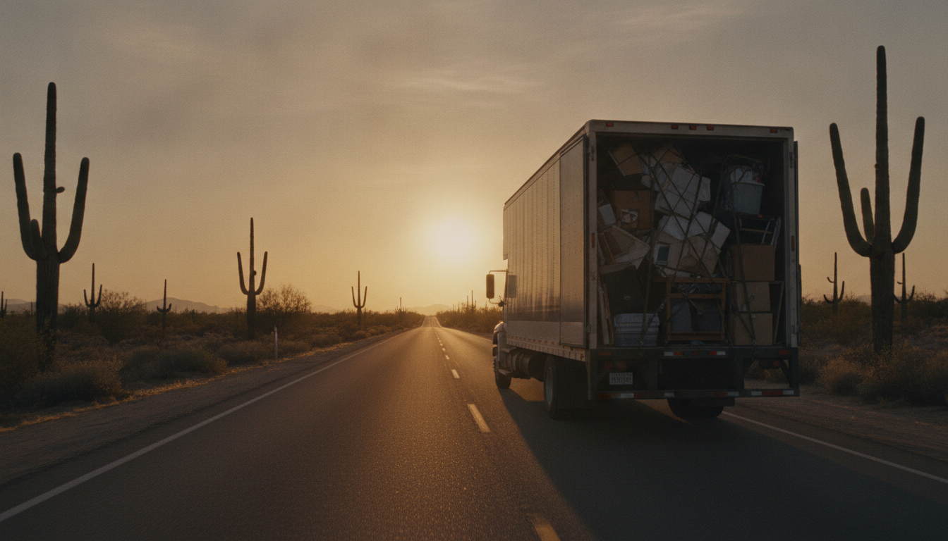 A moving truck traveling along a desert highway from California to Arizona at golden hour
