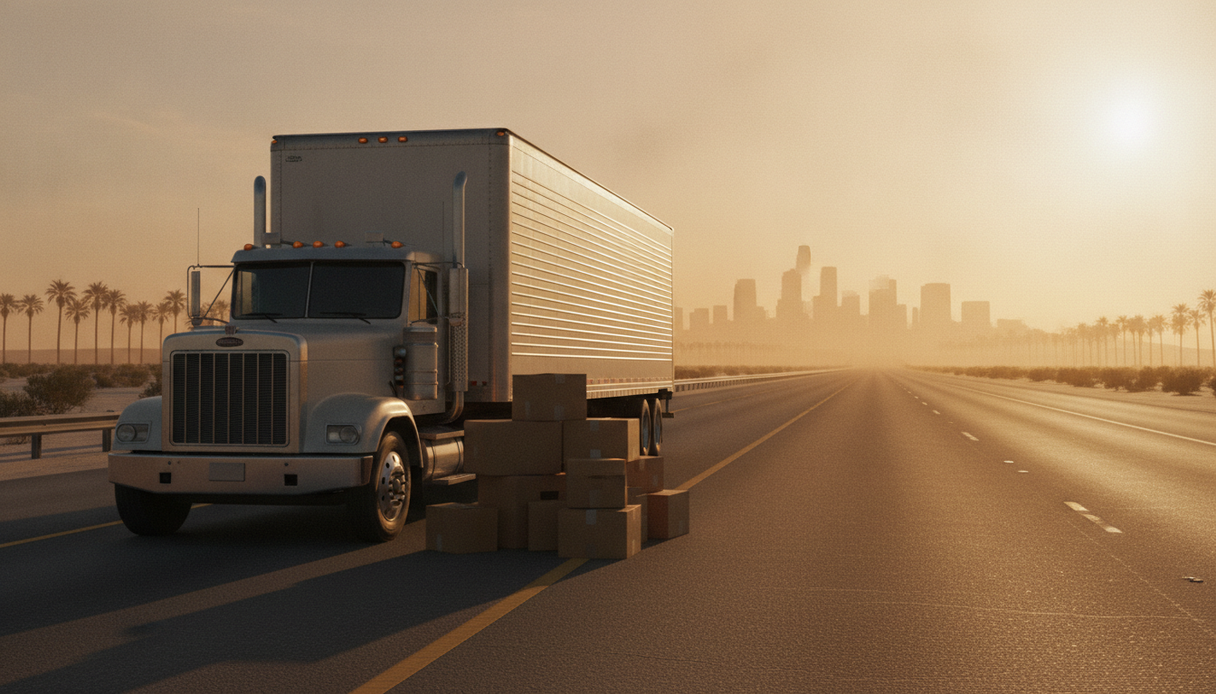 A moving truck on a sunlit highway heading toward a city skyline at golden hour, evoking an interstate move from California to Miami