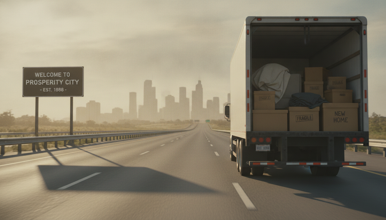 Moving truck on a sunny interstate highway heading toward a city skyline, evoking a long-distance relocation from California to Tampa