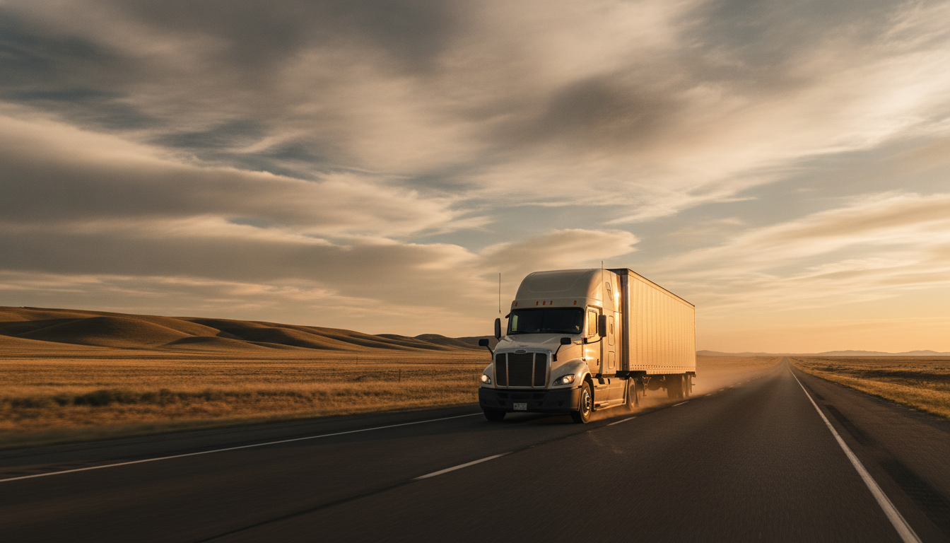 A moving truck driving along a wide American highway at golden hour, evoking a long-distance interstate relocation