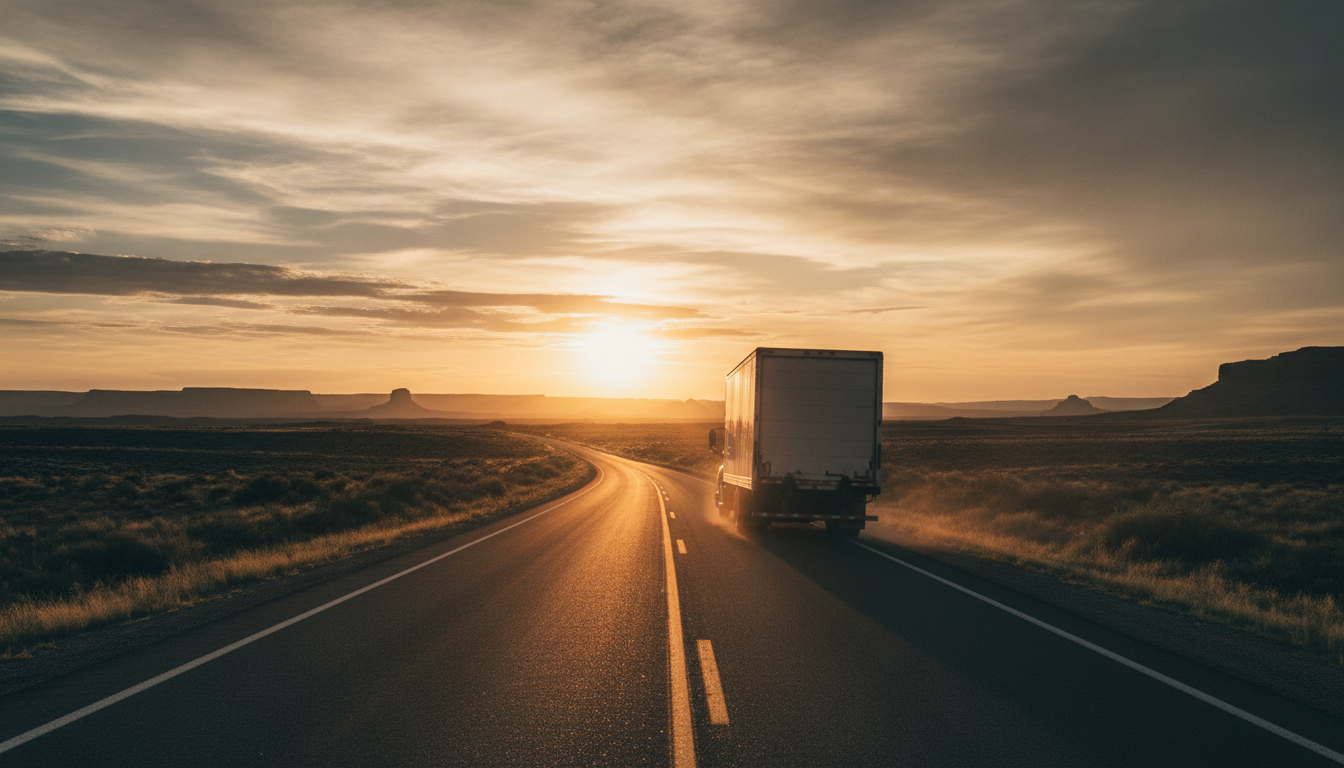A moving truck driving west along an open highway at golden hour, evoking an interstate relocation from Colorado to California