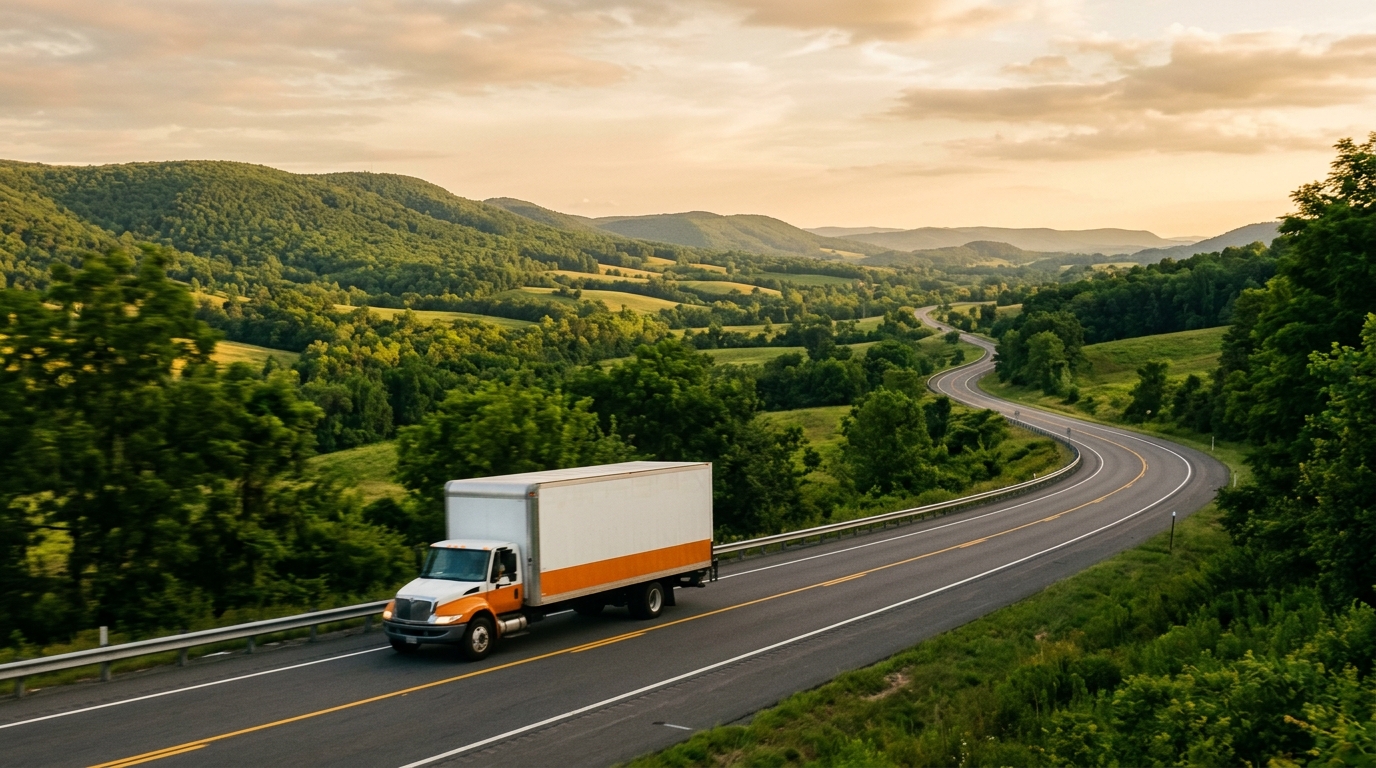A moving truck driving along a scenic highway through rolling green hills at golden hour, symbolizing an interstate move from Georgia to Virginia