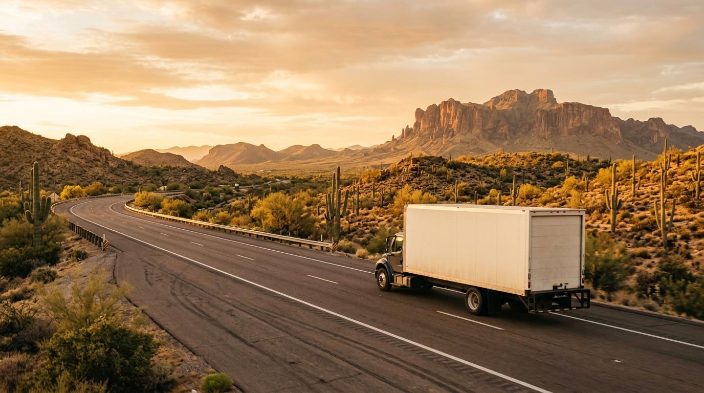 A moving truck driving along a sunlit desert highway toward Arizona at golden hour